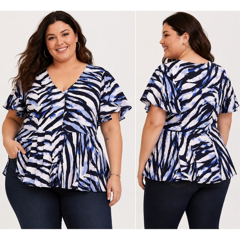 Torrid Top Women 4X Blue Zebra Animal Print Peplum Blouse Flutter Sleeve Resort